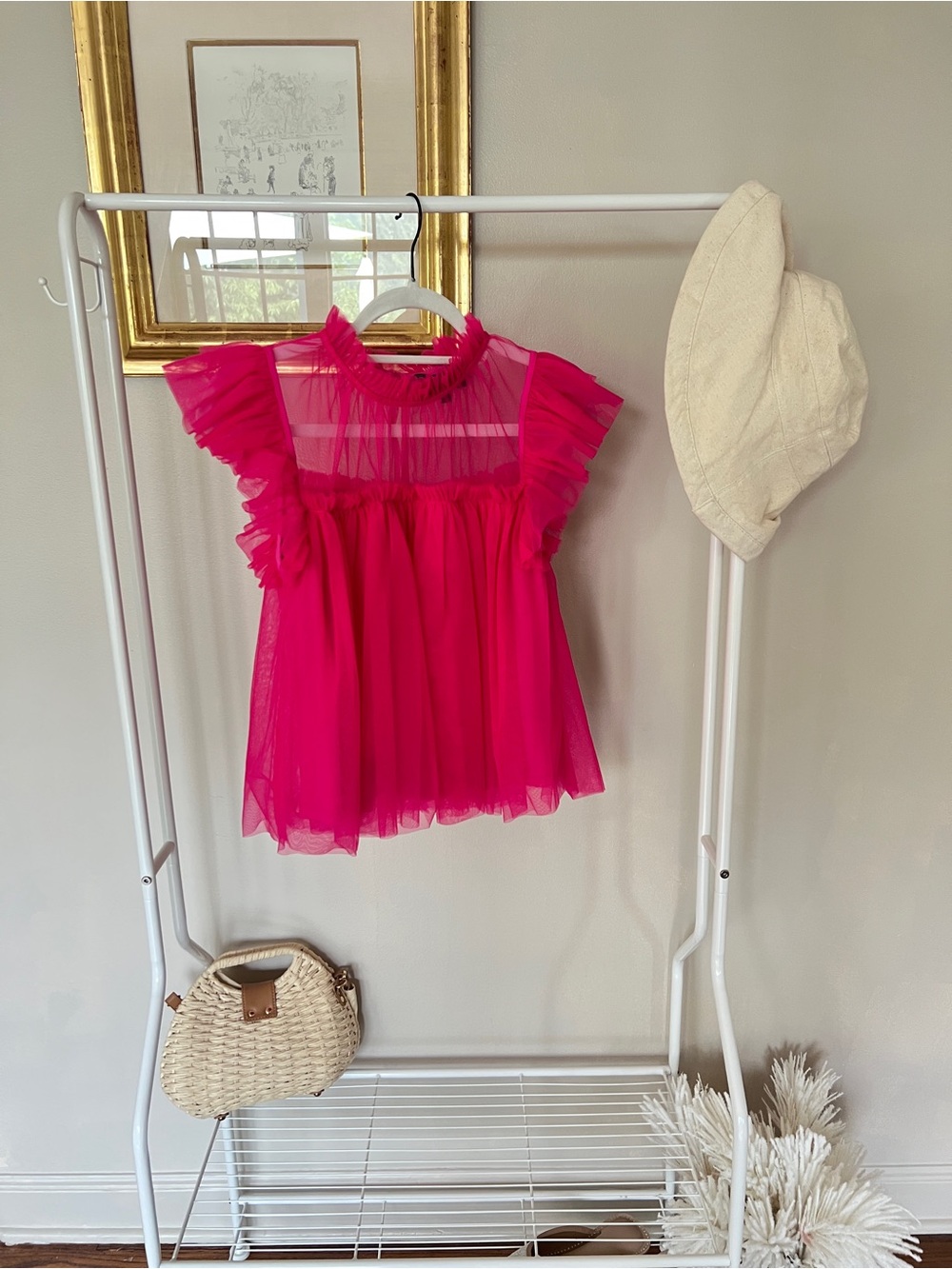 Anthropologie Hot Pink Ruffle Mesh Blouse